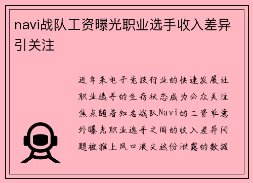 navi战队工资曝光职业选手收入差异引关注