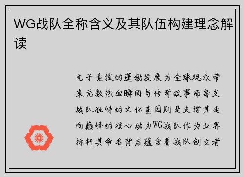 WG战队全称含义及其队伍构建理念解读
